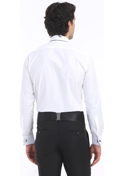 Beyaz Düz Slim Fit Duble Manşet Klasik Yaka Smokin Gömlek fırsatları