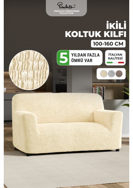 Lastikli Esnek ve Yıkanabilir Piliseli Vanilya 2 Kişilik Koltuk Örtüsü