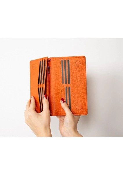 Aura Hakiki Deri, El Yapımı, Telefon Bölmeli, Kadın Cüzdanı, Portakal Renk modelleri