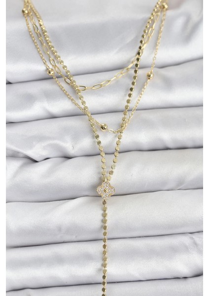 Pirinç Gold Renk Zirkon Taşlı Yonca Model Detaylı 3'lü Kombin Y Kadın Kolye