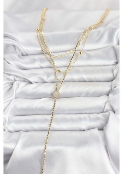 Pirinç Gold Renk Zirkon Taşlı Yonca Model Detaylı 3'lü Kombin Y Kadın Kolye fiyatları