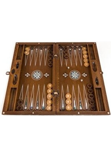 Sedef Kakma Nakışlı Tavla Masif Ahşap Çerçeve ile 15 Adet Pul ve Zar Seti fiyatları