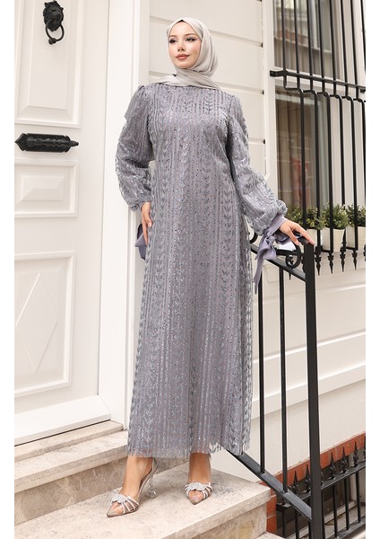 Yaprak Desenli Simli Kaplama Abiye Elbise 5612-02 Gri