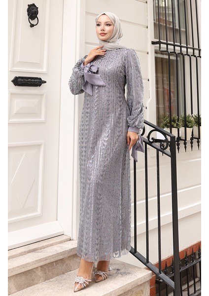 Yaprak Desenli Simli Kaplama Abiye Elbise 5612-02 Gri fiyatları