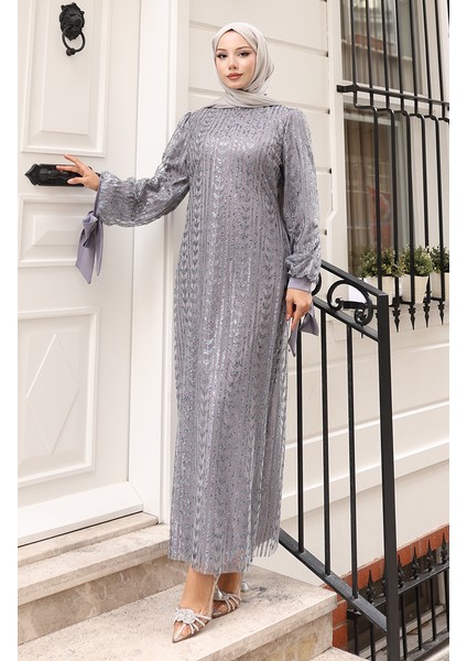 Yaprak Desenli Simli Kaplama Abiye Elbise 5612-02 Gri modelleri