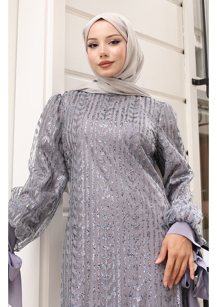 Yaprak Desenli Simli Kaplama Abiye Elbise 5612-02 Gri fırsatları