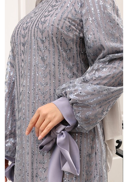 Yaprak Desenli Simli Kaplama Abiye Elbise 5612-02 Gri indirimleri