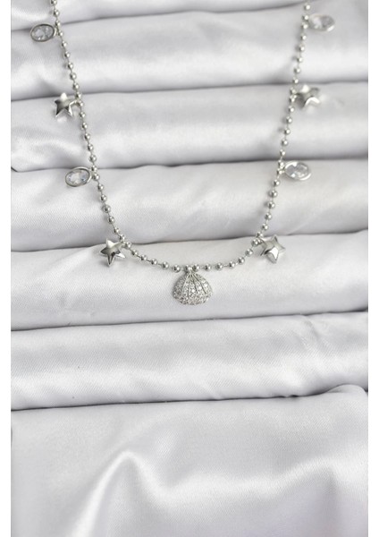 Bfs Pirinç Gümüş Renk Zirkon Taşlı Deniz Kabuğu Model Kadın Kolye