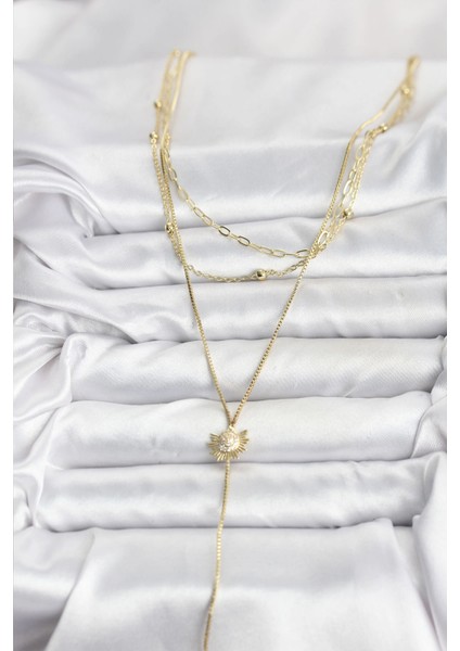 Bfs Pirinç Gold Renk Zirkon Taşlı Güneş Model Detaylı 3'lü Kombin Y Kadın Kolye fiyatları