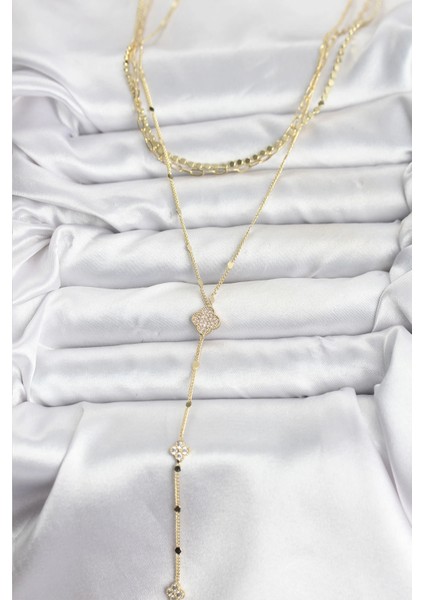 Bfs Pirinç Gold Renk Zirkon Taşlı Yoncalı Model Detaylı 3'lü Kombin Y Kadın Kolye fiyatları