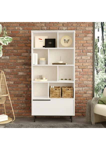 Bohem Kitaplık Raf Metal Ayaklı 176CM Kapaklı Beyaz Boh4-W