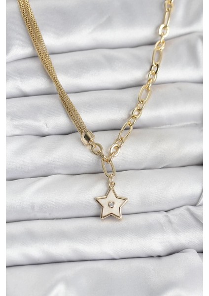 Bfs Gold Renk Pirinç Yıldız Model Kadın Kolye