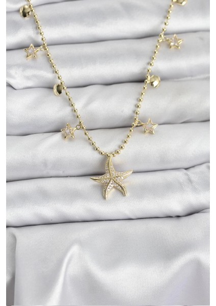 Bfs Pirinç Gold Renk Zirkon Taşlı Deniz Yıldızı Model Kadın Kolye