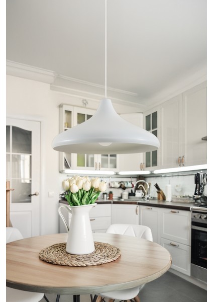 Nova Modern Tekli Beyaz Metal Sarkıt (35 Cm) | Salon, Mutfak & Cafe Için Dekoratif Avize