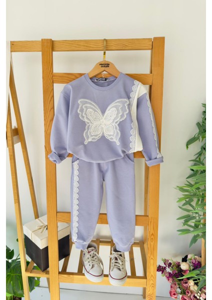 Kelebek Taş Işlemeli Kız Çocuk Fistolu 2 li takım - Lila