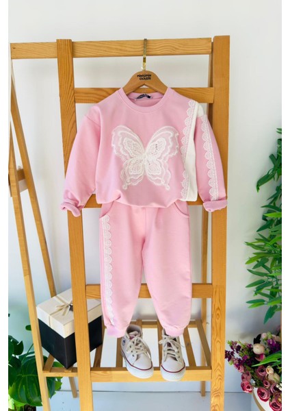 Kelebek Taş Işlemeli Kız Çocuk Fistolu 2 li takım - Pembe