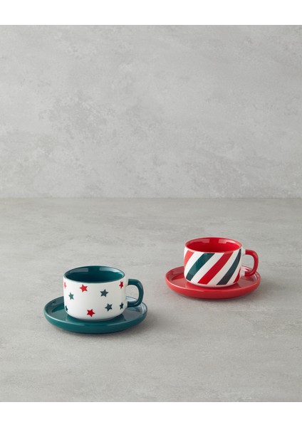 Holiday Shine New Bone China 4 Parça 2 Kişilik Kahve Fincan Takımı 90 ml Kırmızı - Yeşil