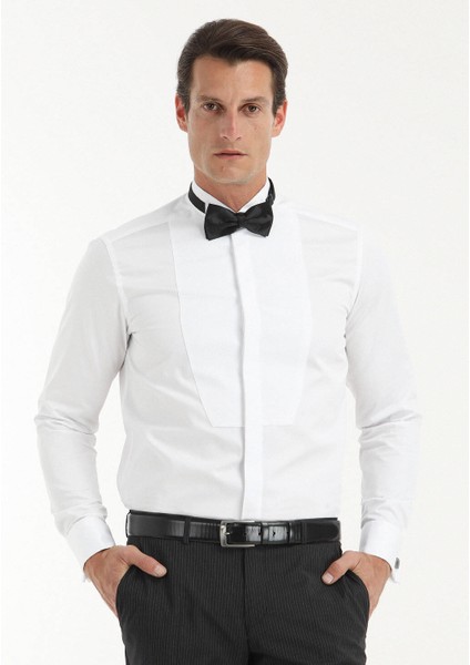 Beyaz Düz Regular Fit Duble Manşet Ata Yaka Smokin Gömlek