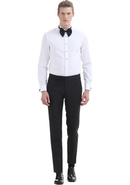 Beyaz Düz Slim Fit Duble Manşet Ata Yaka Smokin Gömlek