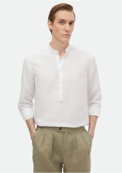 Ekru Düz Regular Fit Dokuma Casual Pamuk Karışımlı Gömlek