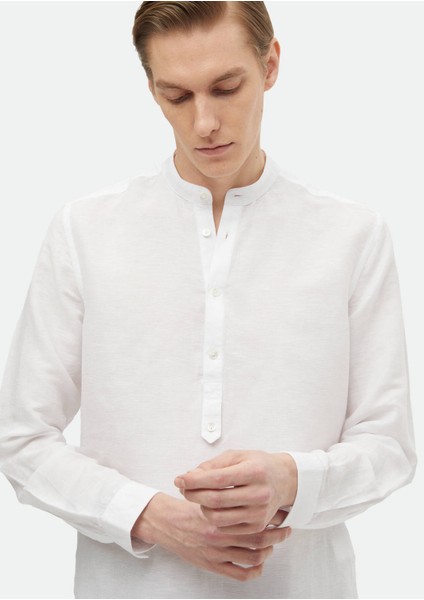 Ekru Düz Regular Fit Dokuma Casual Pamuk Karışımlı Gömlek fırsatları