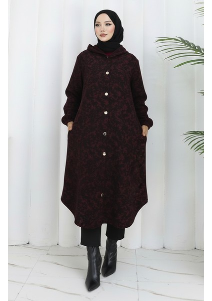 Desenli Kapüşonlu Kaşe Kap 0187A-04 Siyah Bordo