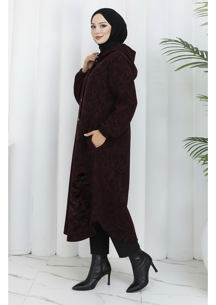 Desenli Kapüşonlu Kaşe Kap 0187A-04 Siyah Bordo fiyatları