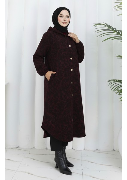 Desenli Kapüşonlu Kaşe Kap 0187A-04 Siyah Bordo modelleri