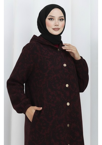 Desenli Kapüşonlu Kaşe Kap 0187A-04 Siyah Bordo fırsatları