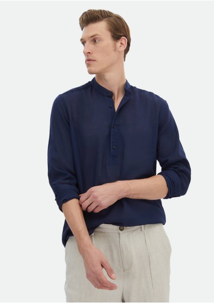 Lacivert Düz Regular Fit Dokuma Casual %100 Pamuk Gömlek