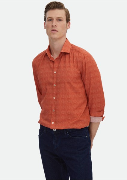 Turuncu Baskılı Regular Fit Dokuma Casual %100 Pamuk Gömlek modelleri