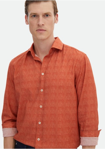 Turuncu Baskılı Regular Fit Dokuma Casual %100 Pamuk Gömlek fırsatları