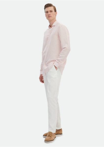 Pembe Çizgili Regular Fit Dokuma Casual Keten Karışımlı Gömlek fiyatları