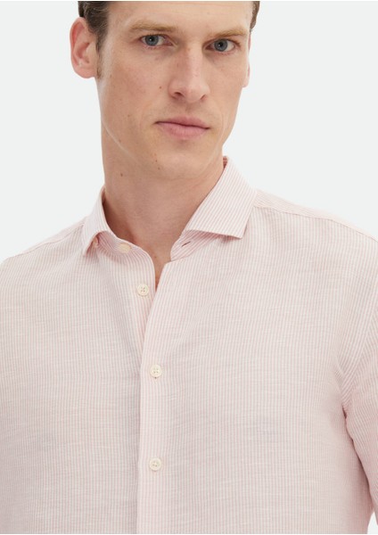 Pembe Çizgili Regular Fit Dokuma Casual Keten Karışımlı Gömlek fırsatları