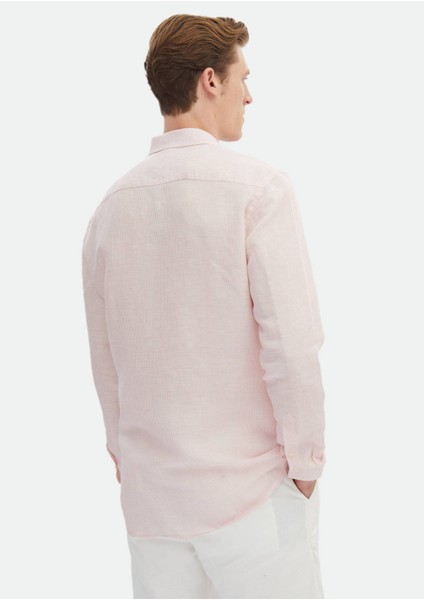Pembe Çizgili Regular Fit Dokuma Casual Keten Karışımlı Gömlek indirimleri