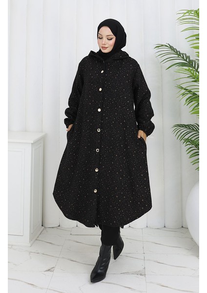 Damla Desen Kapüşonlu Kaşe Kap 0187B-03 Siyah Taba