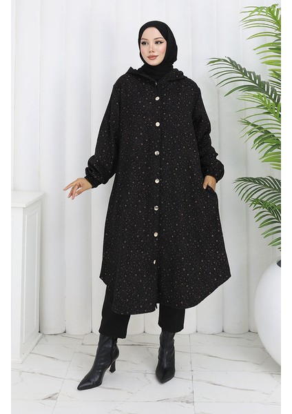 Damla Desen Kapüşonlu Kaşe Kap 0187B-03 Siyah Taba fiyatları