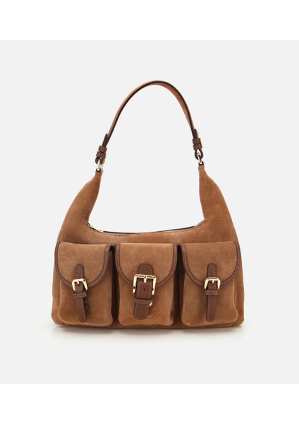03CAH316400A340 KADIN Süet Deri Taba Cepli Tokalı Omuz Çantası