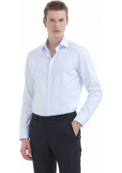 Açık Mavi Düz Slim Fit Dokuma Klasik %100 Pamuk Gömlek