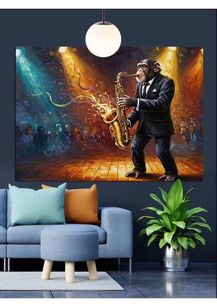 Saksofon Çalan Maymun Dekoratif Kanvas - Mdf Ahşap Tablo modelleri