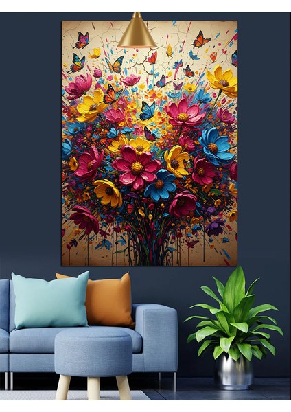 Soyut Kelebekler Çiçek Bahçesi Dekoratif Kanvas - Mdf Ahşap Tablo