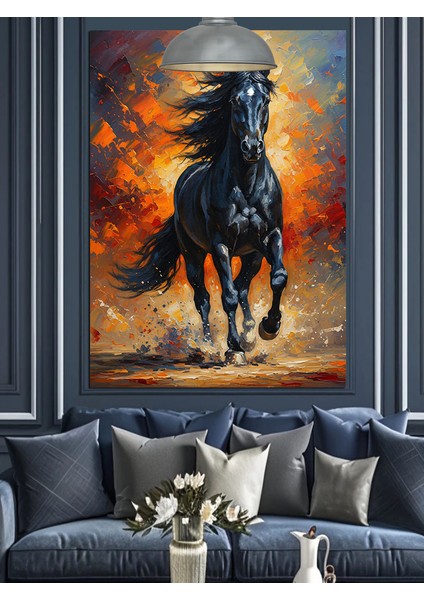 Siyah Yaban Atı Koşuyor Dekoratif Kanvas - Mdf Ahşap Tablo
