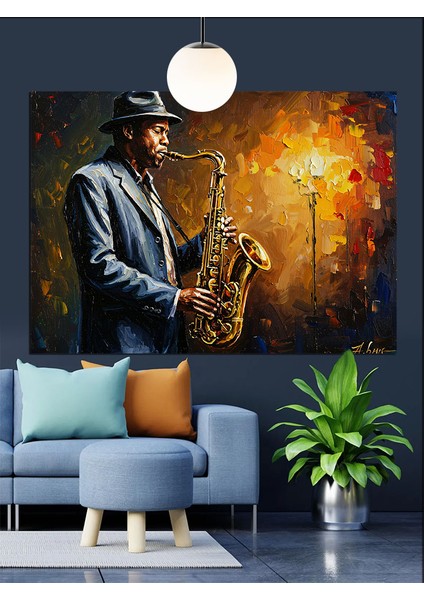 Saksafon Çalan Adam Figürü Dekoratif Kanvas - Mdf Ahşap Tablo