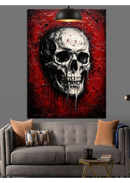 Kırmızı Çerçeve Içinde Kuru Kafa Figürü Dekoratif Kanvas - Mdf Ahşap Tablo