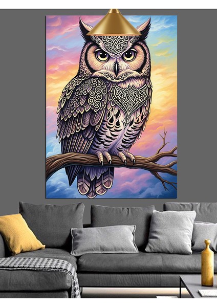 Mor Detaylı Baykuş Portresi Dekoratif Kanvas - Mdf Ahşap Tablo
