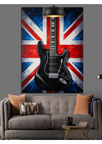 Union Jack Ingiliz Bayrağı Siyah Elektro Gitar Dekoratif Kanvas - Mdf Ahşap Tablo