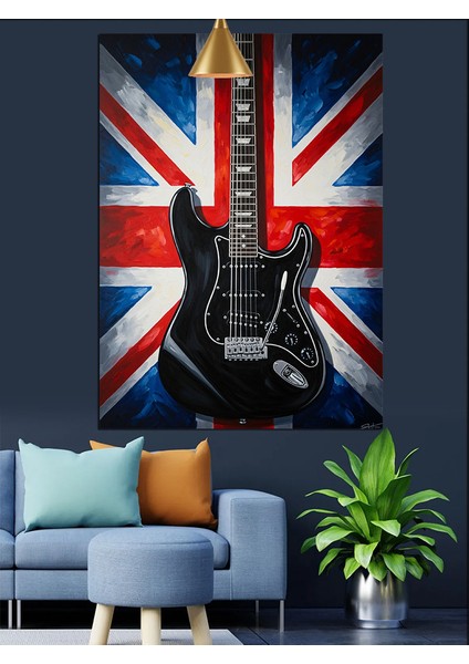 Union Jack Ingiliz Bayrağı Siyah Elektro Gitar Dekoratif Kanvas - Mdf Ahşap Tablo fiyatları