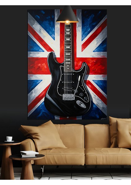 Union Jack Ingiliz Bayrağı Siyah Elektro Gitar Dekoratif Kanvas - Mdf Ahşap Tablo modelleri