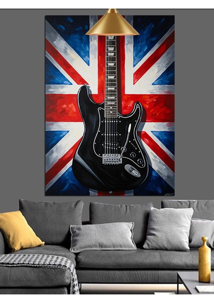 Union Jack Ingiliz Bayrağı Siyah Elektro Gitar Dekoratif Kanvas - Mdf Ahşap Tablo fırsatları