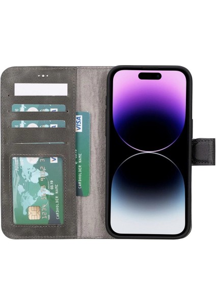 Apple iPhone 15 Pro Max Uyumlu Deri Cüzdanlı Kılıf Mwwn VS4EF Gri fiyatları